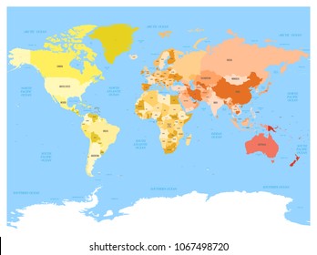 World map atlas. Colored political map with blue seas and oceans. Vector illustration.
