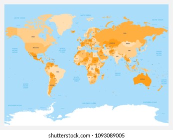 World map atlas. Colored political map with blue seas and oceans. Vector illustration.