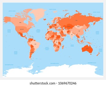World map atlas. Red colored political map with blue seas and oceans. Vector illustration.