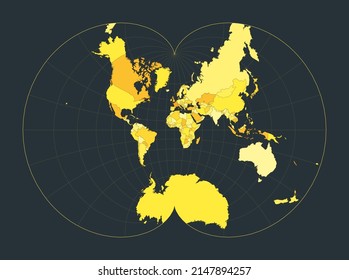 World Map. August's epicycloidal conformal projection. Futuristic world illustration for your infographic. Bright yellow country colors. Attractive vector illustration.