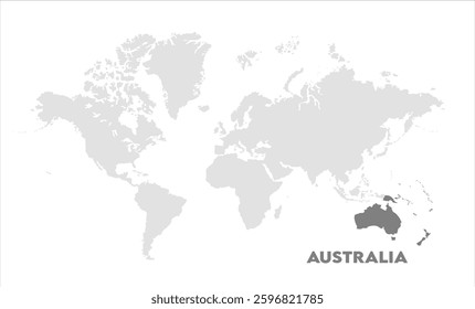 World map with Australia focus-03, Map of Australia, highlighted on the world map, Australia on the world map, Satellite view, Australia location on the globe.