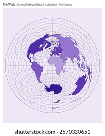 World Map. Azimuthal equidistant projection. Continents style. High Detail World map for infographics, education, reports, presentations. Vector illustration.