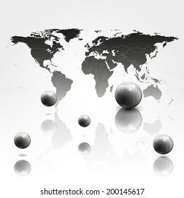 World map background with 3D spheres vector illustration