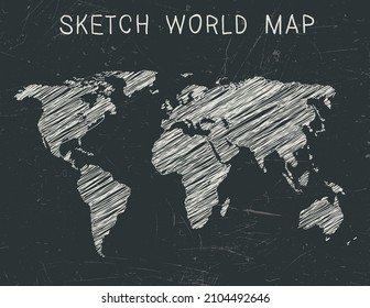 World map background. Blackboard with sketch map. Grunge illustration of gray silhouettes world map.