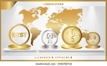Fondo del mapa mundial. Copas mundiales, trofeos y competencias de premios. Esta es una ilustración figurativa de un evento internacional.