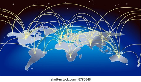 A World Map Background With Flight Paths Or Trade Routes