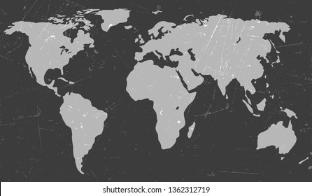 World map background with grunge texture. Aged illustration of gray silhouettes world map.