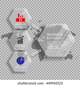 World map background transparent glass hexagons data business infographic