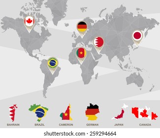World map with Bahrain, Brazil, Cameron, German, Japan, Canada pointers. Vector Illustration.
