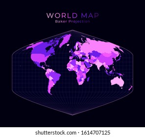 World Map. Baker Dinomic projection. Digital world illustration. Bright pink neon colors on dark background. Beautiful vector illustration.