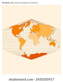 World Map. Baker Dinomic projection. Continents style. High Detail World map for infographics, education, reports, presentations. Vector illustration.
