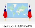 World Map between two hanging flags of Taiwan on flag stand. Vector illustration for diplomacy meeting, press conference and other.