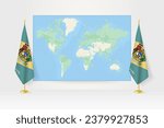 World Map between two hanging flags of Delaware on flag stand. Vector illustration for diplomacy meeting, press conference and other.