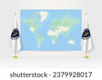 World Map between two hanging flags of Massachusetts on flag stand. Vector illustration for diplomacy meeting, press conference and other.