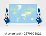 World Map between two hanging flags of Louisiana on flag stand. Vector illustration for diplomacy meeting, press conference and other.