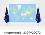 World Map between two hanging flags of North Dakota on flag stand. Vector illustration for diplomacy meeting, press conference and other.