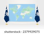 World Map between two hanging flags of South Carolina on flag stand. Vector illustration for diplomacy meeting, press conference and other.