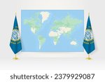 World Map between two hanging flags of South Dakota on flag stand. Vector illustration for diplomacy meeting, press conference and other.