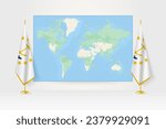 World Map between two hanging flags of Rhode Island on flag stand. Vector illustration for diplomacy meeting, press conference and other.