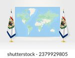 World Map between two hanging flags of West Virginia on flag stand. Vector illustration for diplomacy meeting, press conference and other.