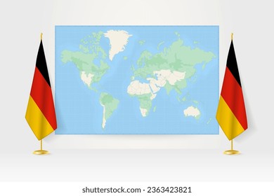 Weltkarte zwischen zwei hängenden Flaggen von Deutschland auf Flaggenstand. Vektorgrafik für Diplomatientreffen, Pressekonferenz und andere.