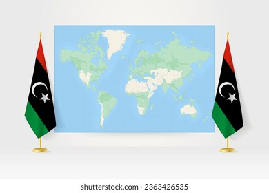 World Map between two hanging flags of Libya on flag stand. Vector illustration for diplomacy meeting, press conference and other.