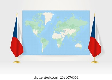 World Map between two hanging flags of Czech Republic on flag stand. Vector illustration for diplomacy meeting, press conference and other.