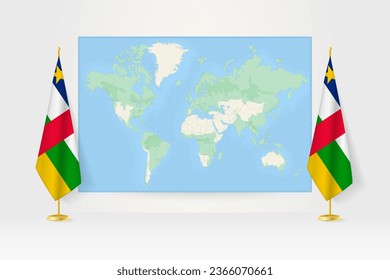 World Map between two hanging flags of Central African Republic on flag stand. Vector illustration for diplomacy meeting, press conference and other.