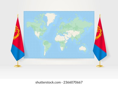 World Map between two hanging flags of Eritrea on flag stand. Vector illustration for diplomacy meeting, press conference and other.
