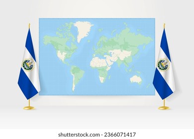 World Map between two hanging flags of El Salvador on flag stand. Vector illustration for diplomacy meeting, press conference and other.