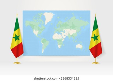 World Map between two hanging flags of Senegal on flag stand. Vector illustration for diplomacy meeting, press conference and other.