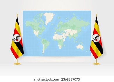 World Map between two hanging flags of Uganda on flag stand. Vector illustration for diplomacy meeting, press conference and other.