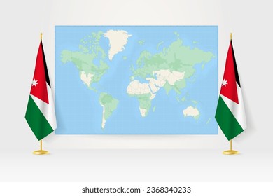 World Map between two hanging flags of Jordan on flag stand. Vector illustration for diplomacy meeting, press conference and other.