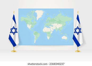 Mapa mundial entre dos banderas colgadas de Israel en el puesto de la bandera. Ilustración vectorial para la reunión diplomática, la conferencia de prensa y otros.