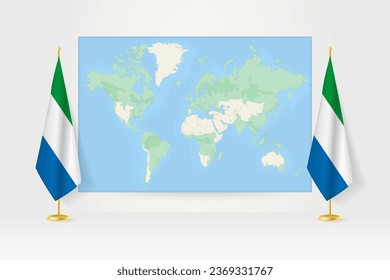 World Map between two hanging flags of Sierra Leone on flag stand. Vector illustration for diplomacy meeting, press conference and other.