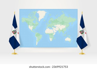 World Map between two hanging flags of Dominican Republic on flag stand. Vector illustration for diplomacy meeting, press conference and other.