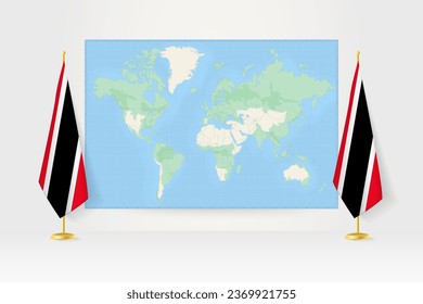 World Map between two hanging flags of Trinidad and Tobago on flag stand. Vector illustration for diplomacy meeting, press conference and other.