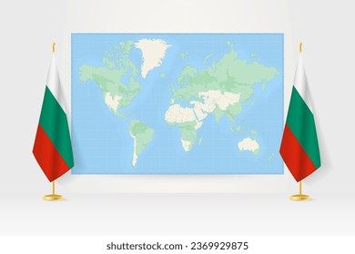 World Map between two hanging flags of Bulgaria on flag stand. Vector illustration for diplomacy meeting, press conference and other.