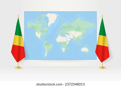 World Map between two hanging flags of Congo on flag stand. Vector illustration for diplomacy meeting, press conference and other.