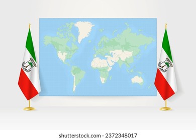 World Map between two hanging flags of Equatorial Guinea on flag stand. Vector illustration for diplomacy meeting, press conference and other.