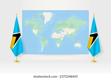 World Map between two hanging flags of Saint Lucia on flag stand. Vector illustration for diplomacy meeting, press conference and other.