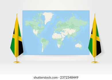 World Map between two hanging flags of Jamaica on flag stand. Vector illustration for diplomacy meeting, press conference and other.