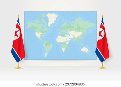World Map between two hanging flags of North Korea on flag stand. Vector illustration for diplomacy meeting, press conference and other.