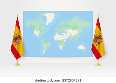 World Map between two hanging flags of Spain on flag stand. Vector illustration for diplomacy meeting, press conference and other.