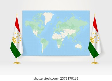 World Map between two hanging flags of Tajikistan on flag stand. Vector illustration for diplomacy meeting, press conference and other.