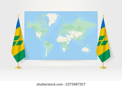World Map between two hanging flags of Saint Vincent and the Grenadines on flag stand. Vector illustration for diplomacy meeting, press conference and other.