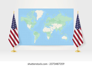 World Map between two hanging flags of USA on flag stand. Vector illustration for diplomacy meeting, press conference and other.