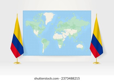 World Map between two hanging flags of Colombia on flag stand. Vector illustration for diplomacy meeting, press conference and other.
