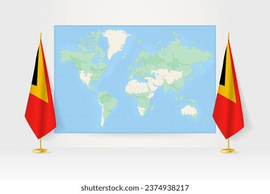 World Map between two hanging flags of East Timor on flag stand. Vector illustration for diplomacy meeting, press conference and other.