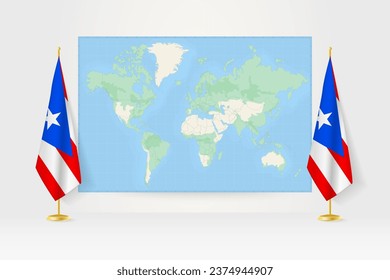 World Map between two hanging flags of Puerto Rico on flag stand. Vector illustration for diplomacy meeting, press conference and other.